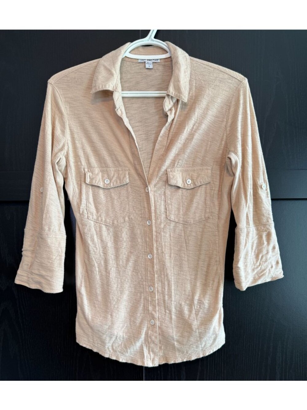 James Perse Standard Women's 3/4 Sleeve Collared Cotton Modal Shirt Size 2 Tan